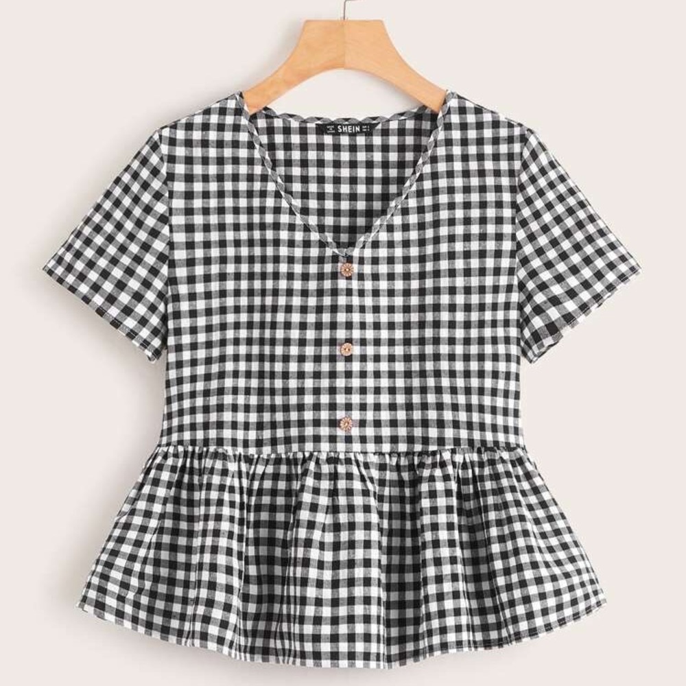 SHEIN Button Front Plaid Smocked Top in size 6 medium - Picture 1 of 11